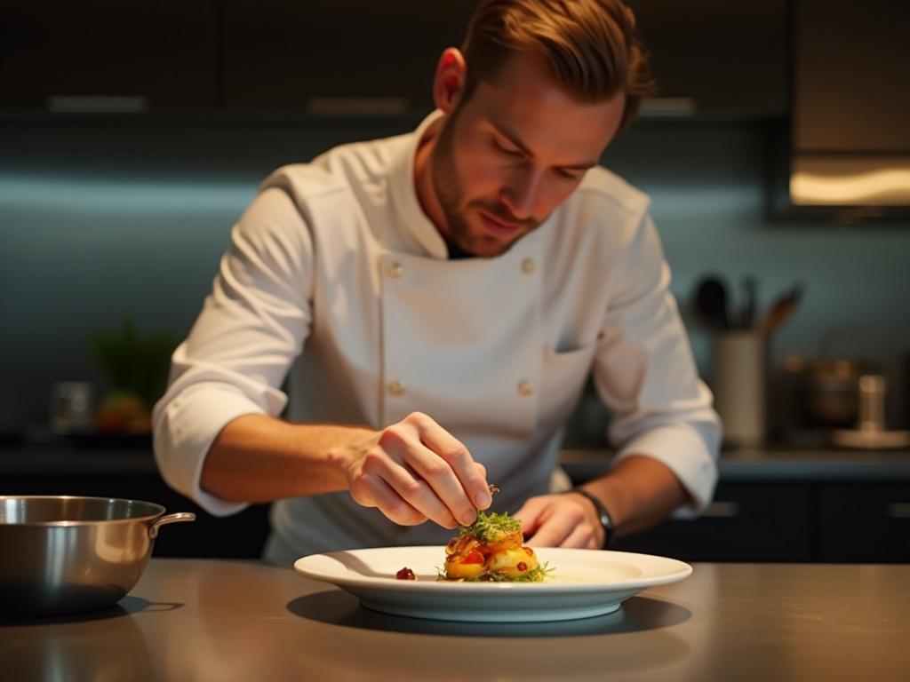 A private chef plating a gourmet meal in a home kitchen.