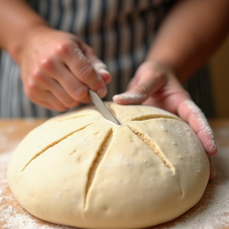 Baker's hands scoring a loaf of sourdough before baking.