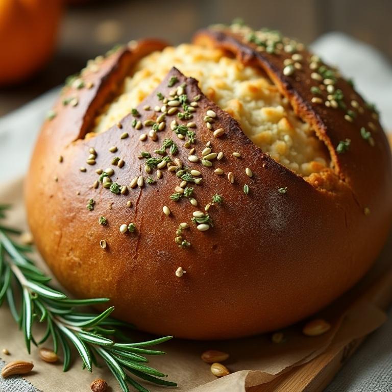 An artfully decorated loaf of sourdough with herbs and seeds.