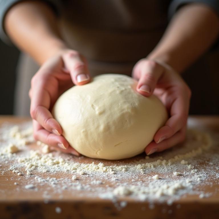 Baker's hands shaping sourdough dough on a wooden board